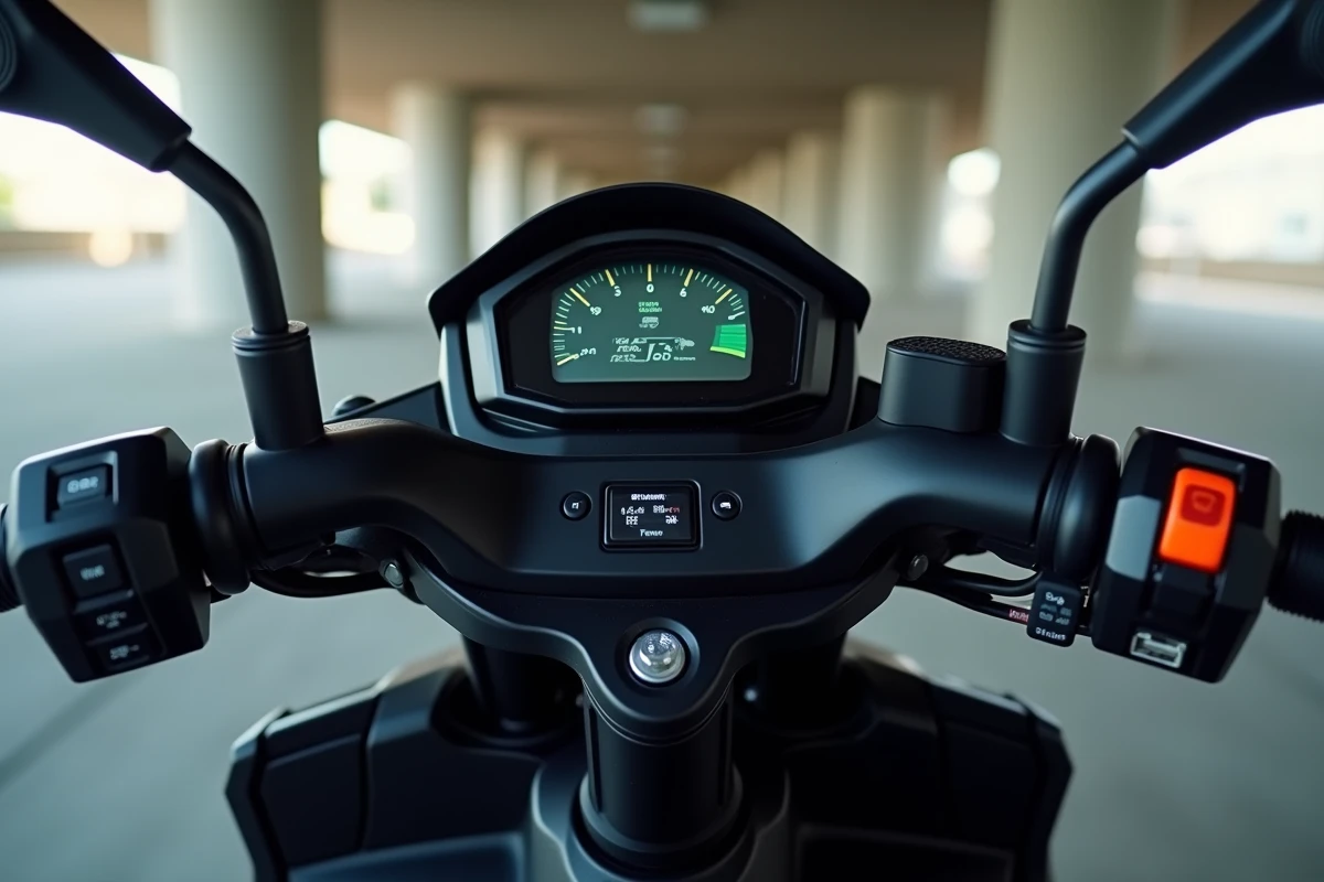 Tableau de bord LCD numérique et guidon du Yamaha XMAX 125, détail des commandes et indicateurs de vitesse et de carburant