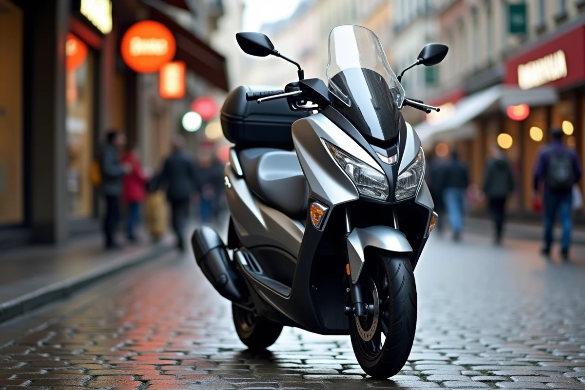 Yamaha XMAX 125 garé en ville sur des pavés mouillés, vue 3/4 avant mettant en valeur le design aérodynamique du scooter